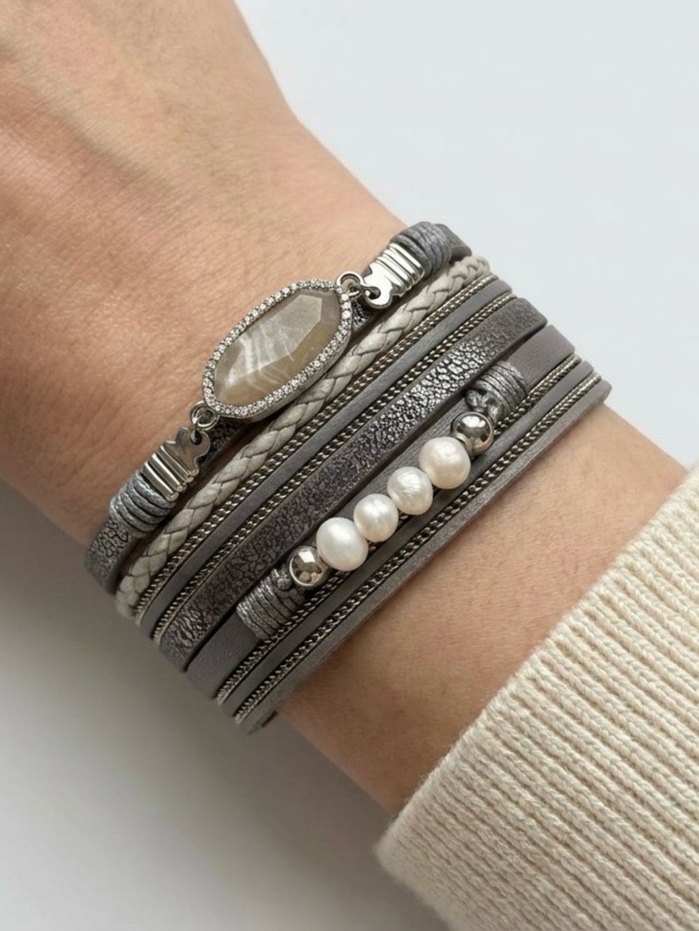 Gray Pearl & Crystal Multi-Strand Wrap Bracelet • Boho Layered Statement Stack